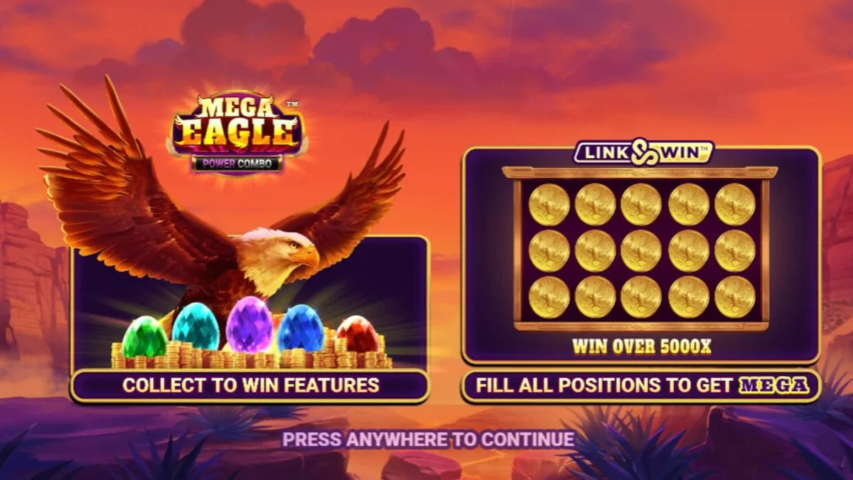 Mega Eagle Power Combo slot machine interface showing mountain wilderness theme